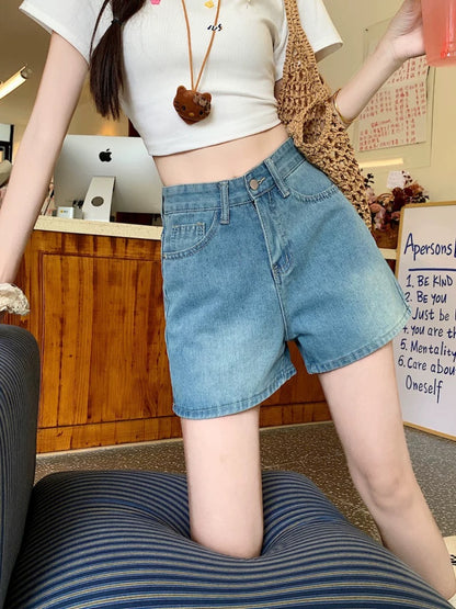 PPHOME girl group hot girl ~ washed nostalgic blue denim shorts women's high waist a-line straight wide leg shorts