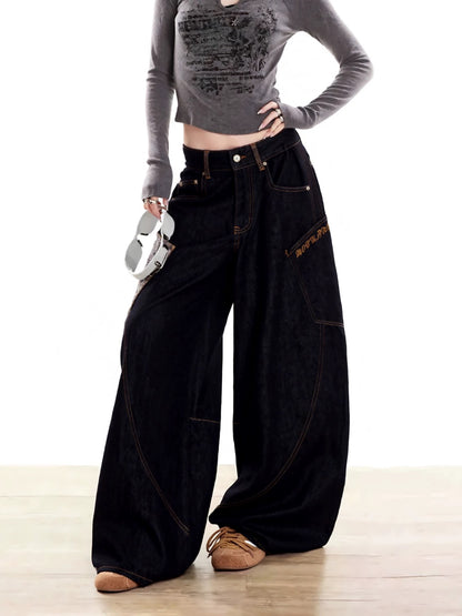 EDX Black Curved Blade Pants Women's Autumn New Wide-Leg Casual Loose-Fitting Python Skin Patchwork Retro Jeans