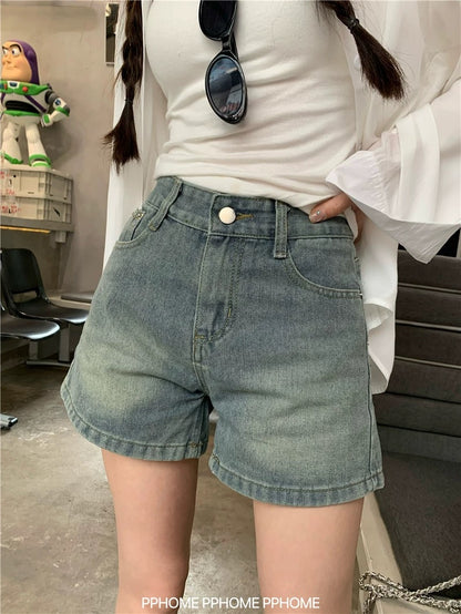 PPHOME homemade ~ bow embroidery distressed blue denim shorts women's summer high waist straight hot pants shorts