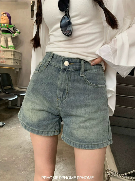 PPHOME homemade ~ bow embroidery distressed blue denim shorts women's summer high waist straight hot pants shorts
