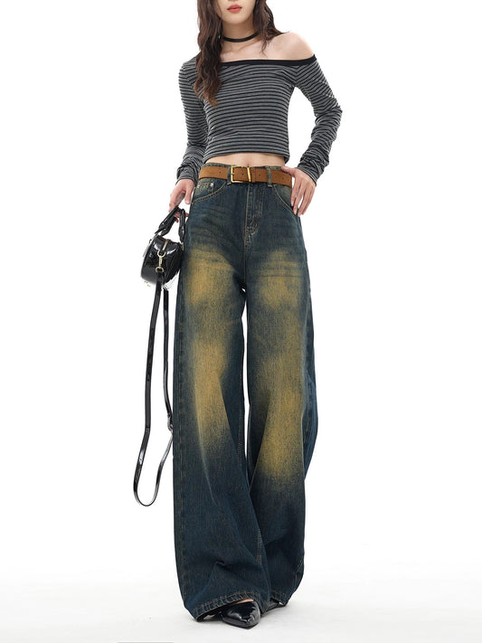 EDX Dark Blue Loose Straight Leg Jeans for Women, New Autumn/Winter Style, Washed Distressed Vintage Flow Wide Leg Pants