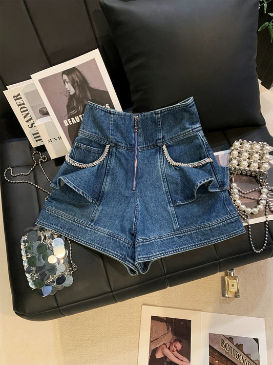 ZHOUYI/Monday: Women's Blue Zipper Rhinestone Chain High-Waisted Denim Shorts, 2026 Summer New Arrival