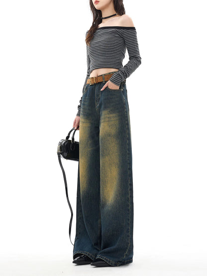 EDX Dark Blue Loose Straight Leg Jeans for Women, New Autumn/Winter Style, Washed Distressed Vintage Flow Wide Leg Pants
