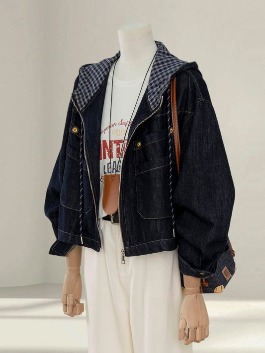 Small hooded denim jacket women's short 2025 autumn new Korean version loose bf lazy style casual jacket