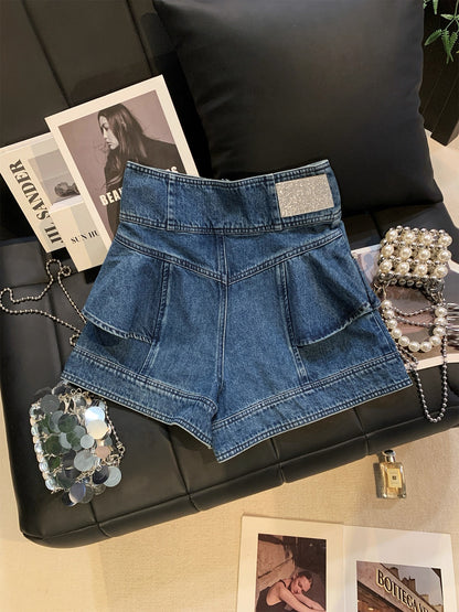 ZHOUYI/Monday: Women's Blue Zipper Rhinestone Chain High-Waisted Denim Shorts, 2026 Summer New Arrival