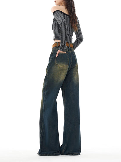 EDX Dark Blue Loose Straight Leg Jeans for Women, New Autumn/Winter Style, Washed Distressed Vintage Flow Wide Leg Pants