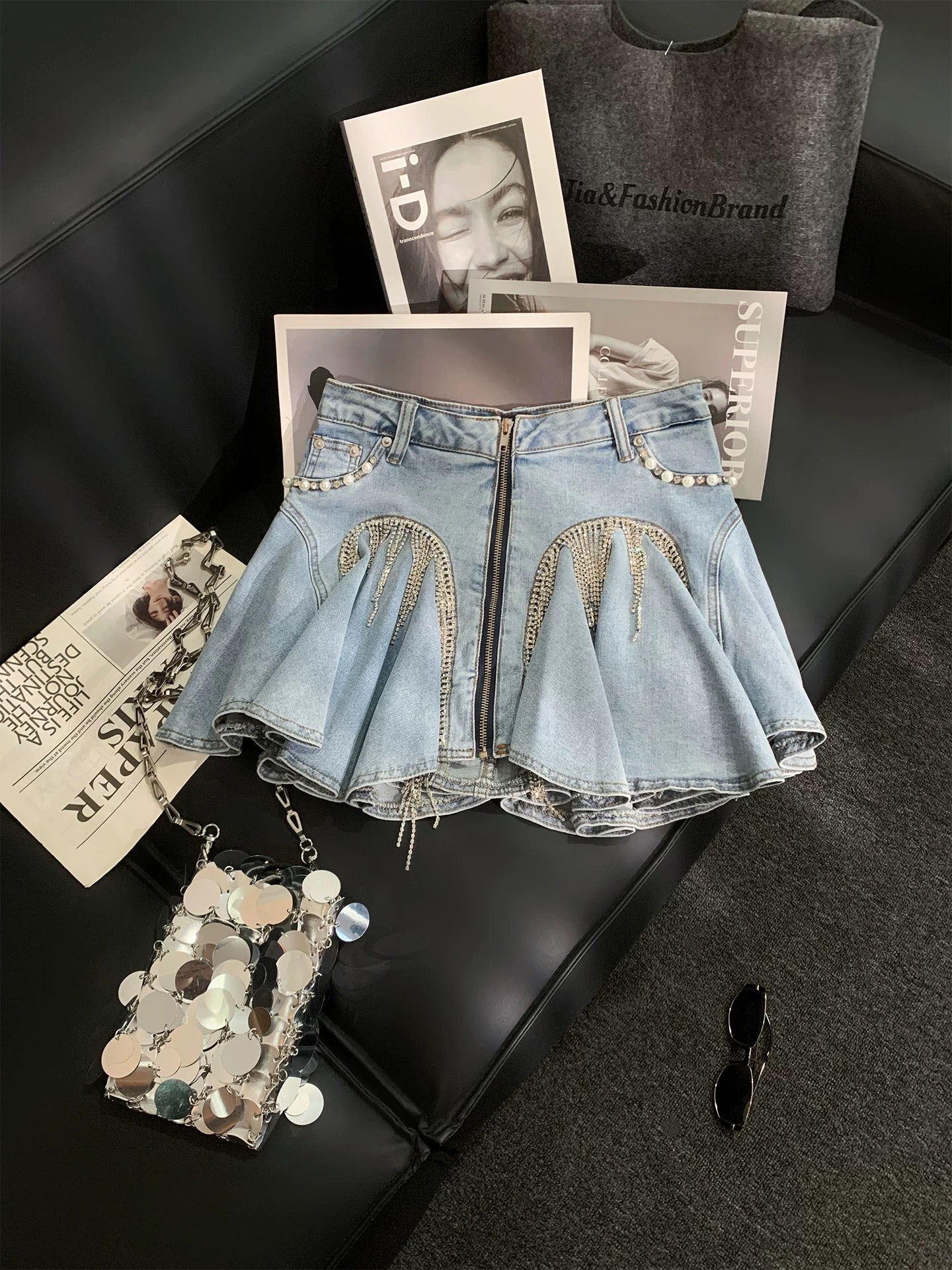 ZHOUYI/Monday's Designer-Style Heavy-Duty Tassel Denim Midi Skirt, High-Waisted A-Line, Youthful and Versatile, Puffy Mini Skirt