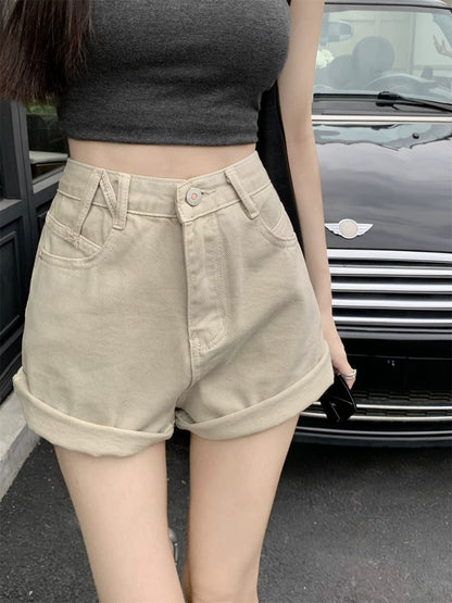 PPHOME pink design curled denim shorts for women in spring, small high waist A-line wide-leg pants, shorts