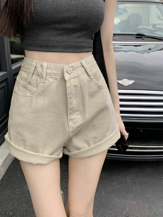 PPHOME pink design curled denim shorts for women in spring, small high waist A-line wide-leg pants, shorts