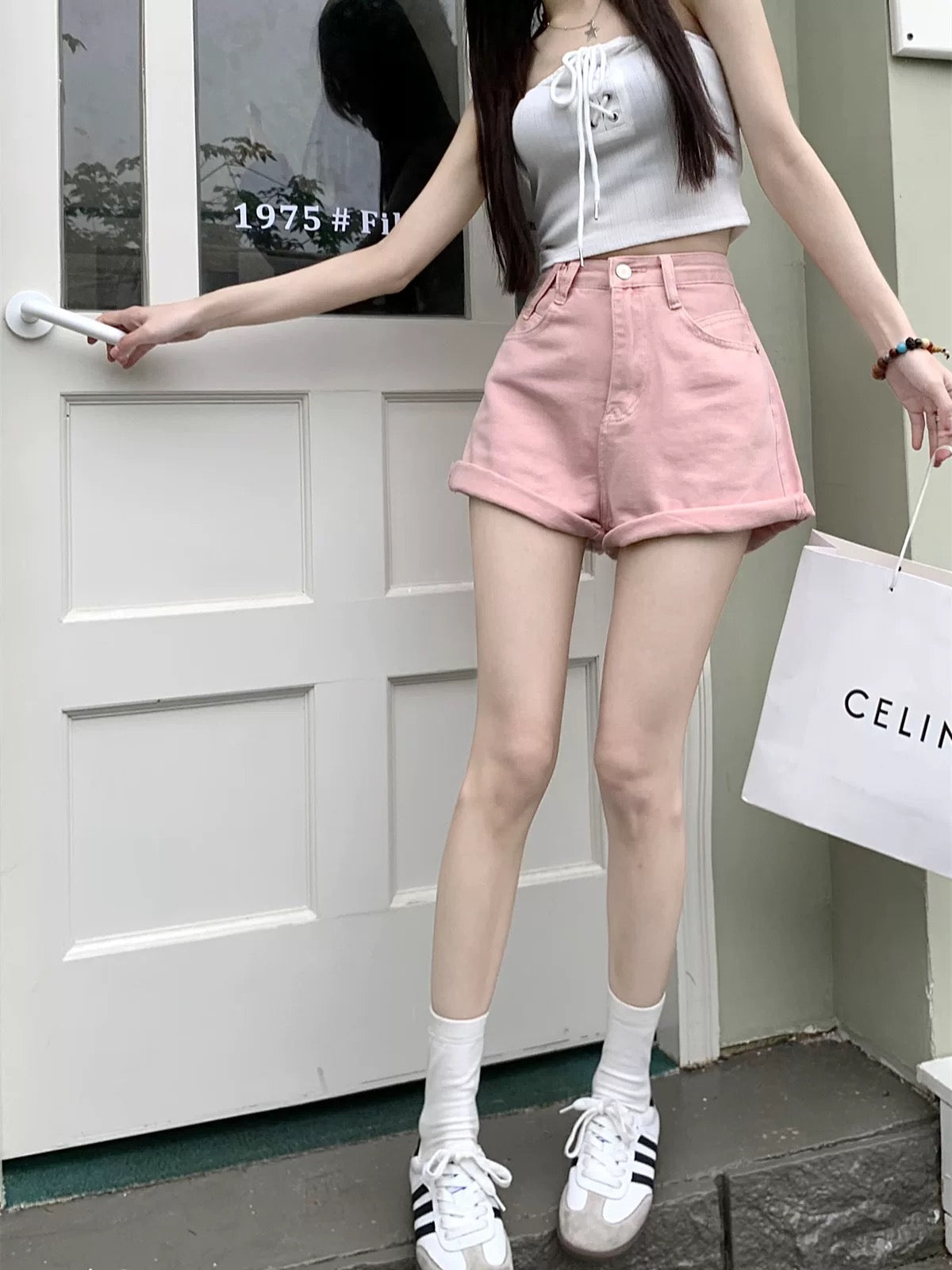 PPHOME pink design curled denim shorts for women in spring, small high waist A-line wide-leg pants, shorts