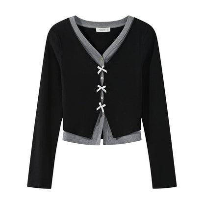 Yangcheng Story fake two-piece contrasting color splicing V-neck long-sleeved T-shirt for women early autumn slim and versatile short top