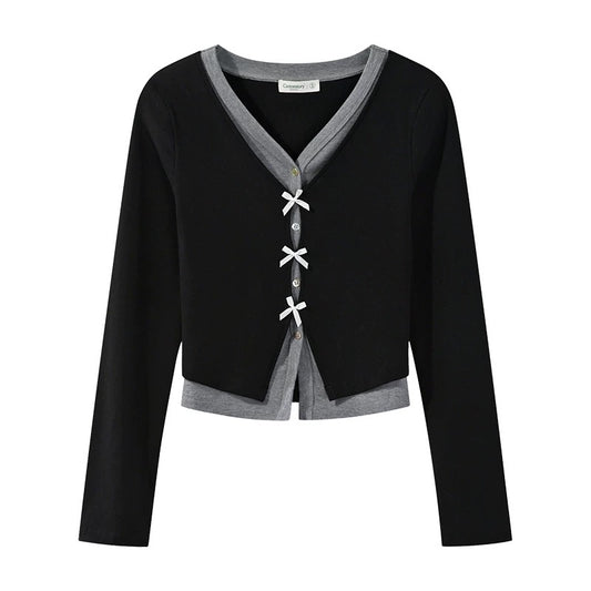Yangcheng Story fake two-piece contrasting color splicing V-neck long-sleeved T-shirt for women early autumn slim and versatile short top