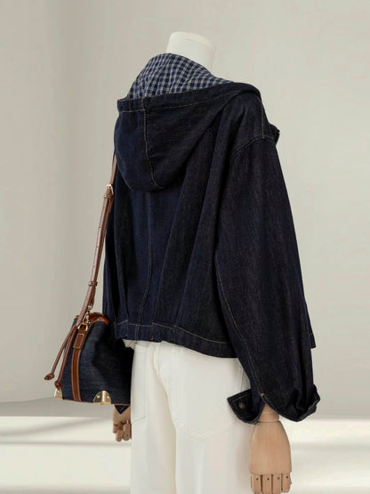 Small hooded denim jacket women's short 2025 autumn new Korean version loose bf lazy style casual jacket