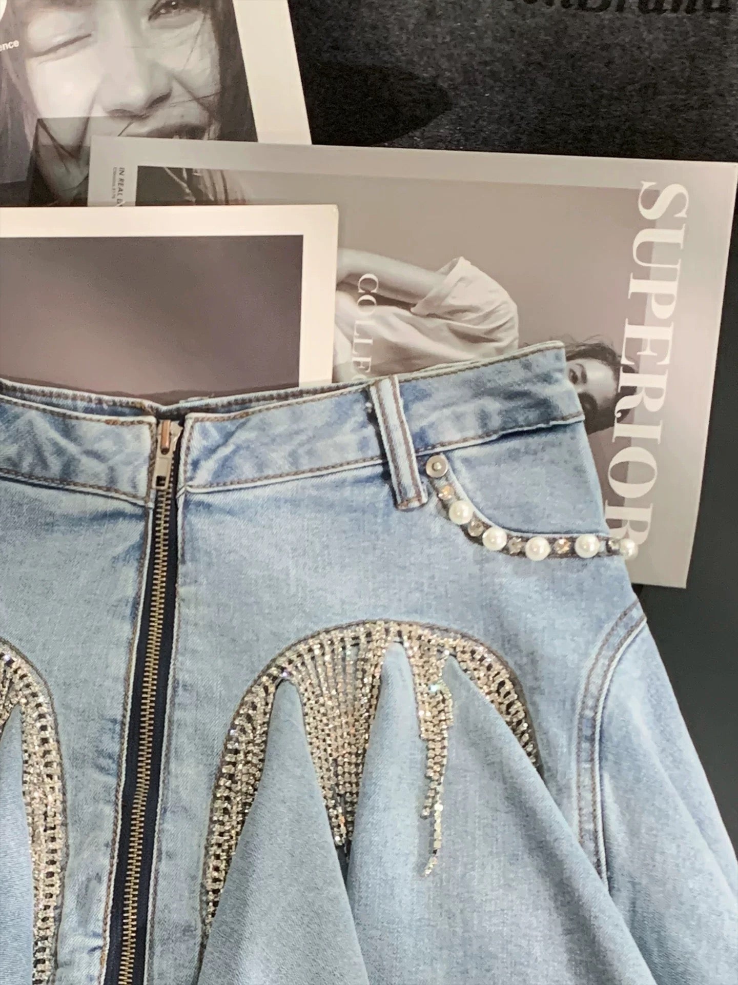 ZHOUYI/Monday's Designer-Style Heavy-Duty Tassel Denim Midi Skirt, High-Waisted A-Line, Youthful and Versatile, Puffy Mini Skirt