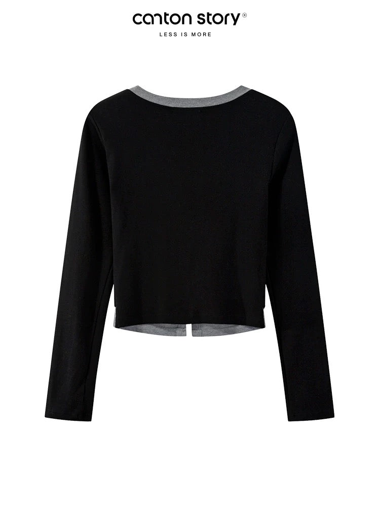 Yangcheng Story fake two-piece contrasting color splicing V-neck long-sleeved T-shirt for women early autumn slim and versatile short top