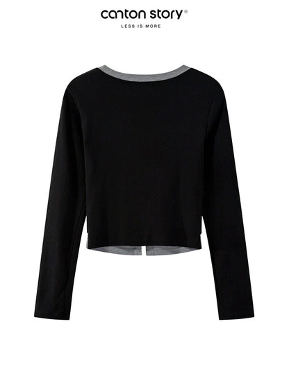 Yangcheng Story fake two-piece contrasting color splicing V-neck long-sleeved T-shirt for women early autumn slim and versatile short top