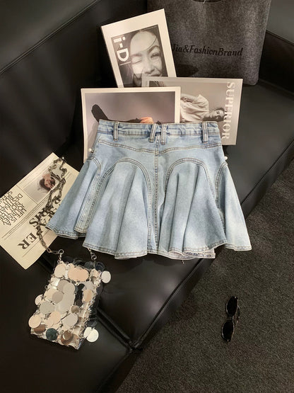 ZHOUYI/Monday's Designer-Style Heavy-Duty Tassel Denim Midi Skirt, High-Waisted A-Line, Youthful and Versatile, Puffy Mini Skirt