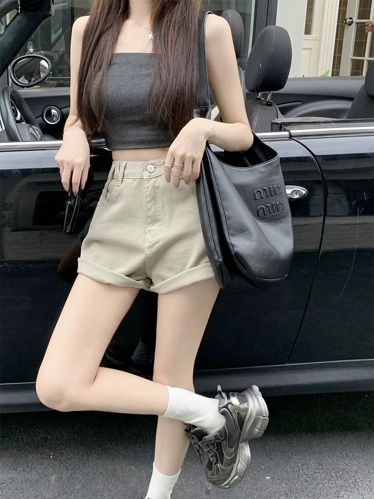 PPHOME pink design curled denim shorts for women in spring, small high waist A-line wide-leg pants, shorts