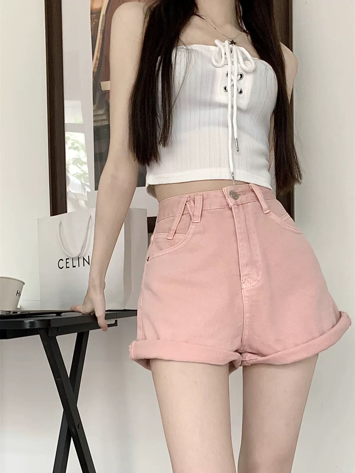 PPHOME pink design curled denim shorts for women in spring, small high waist A-line wide-leg pants, shorts