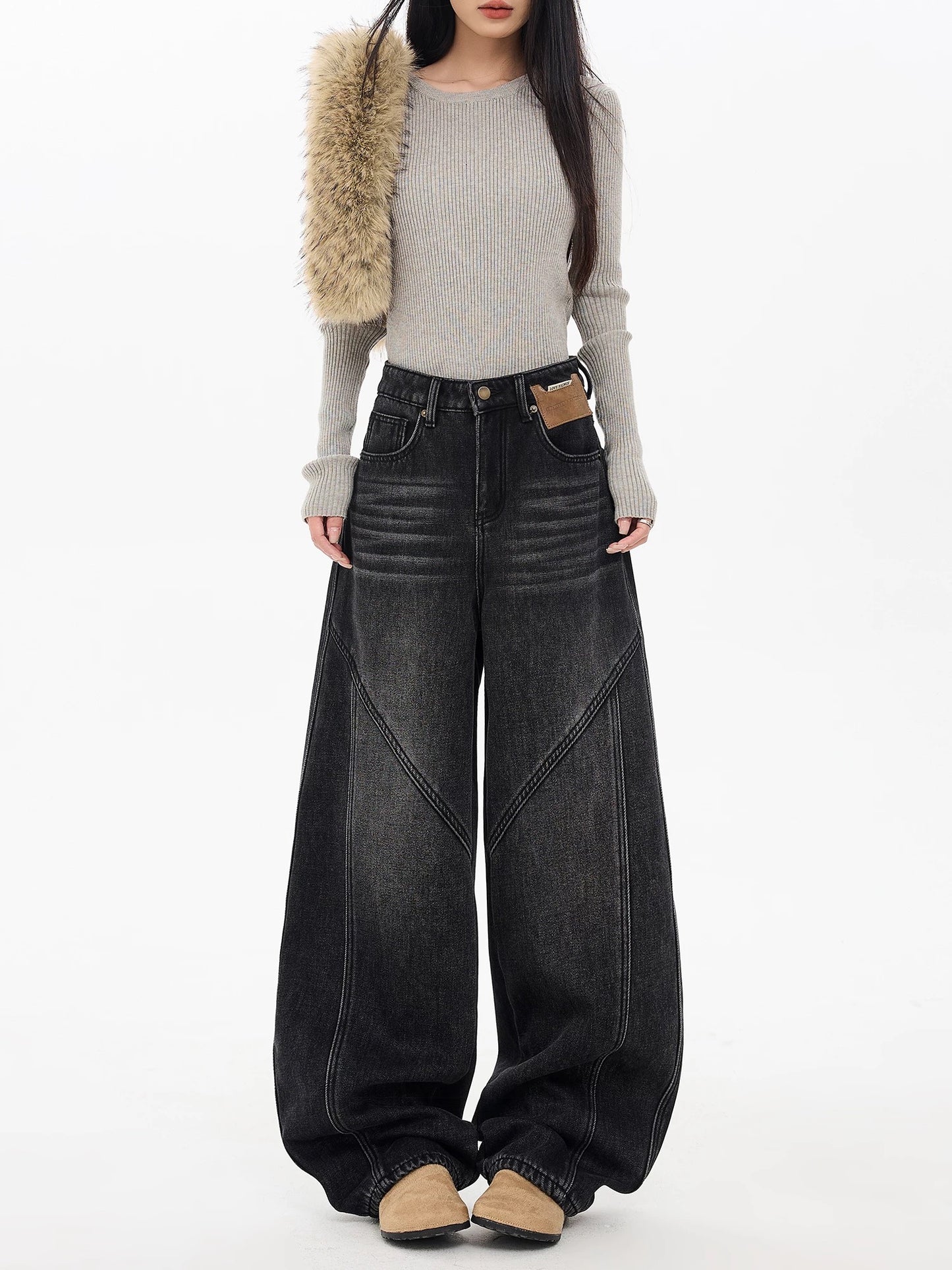 EDX Fleece-Lined Curved Knife Jeans Women's 2025 Autumn/Winter New Style Smoky Gray Thick Loose Slimming Wide-Leg Pants