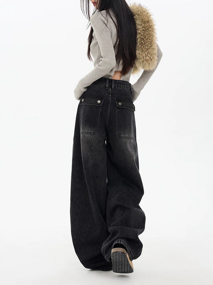 EDX Fleece-Lined Curved Knife Jeans Women's 2025 Autumn/Winter New Style Smoky Gray Thick Loose Slimming Wide-Leg Pants