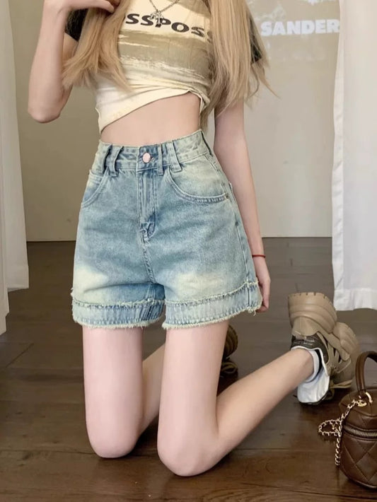 Kumikumi new high waist A-line pants shorts jeans women's summer temperament design slim fit raw edge hot pants
