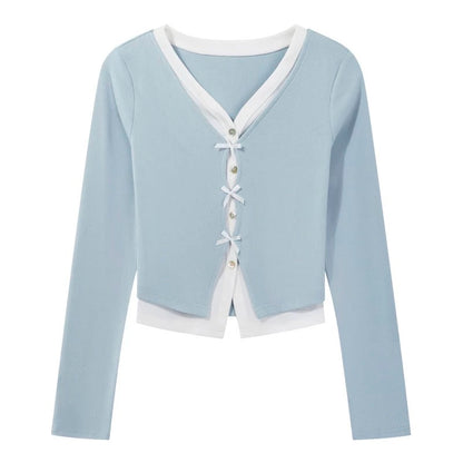 Yangcheng Story fake two-piece contrasting color splicing V-neck long-sleeved T-shirt for women early autumn slim and versatile short top