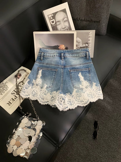 ZHOUYI/Monday Korean Style Heavy-Duty Lace Rhinestone High-Waisted Denim Shorts Women's Summer Light Wash Embroidered Shorts