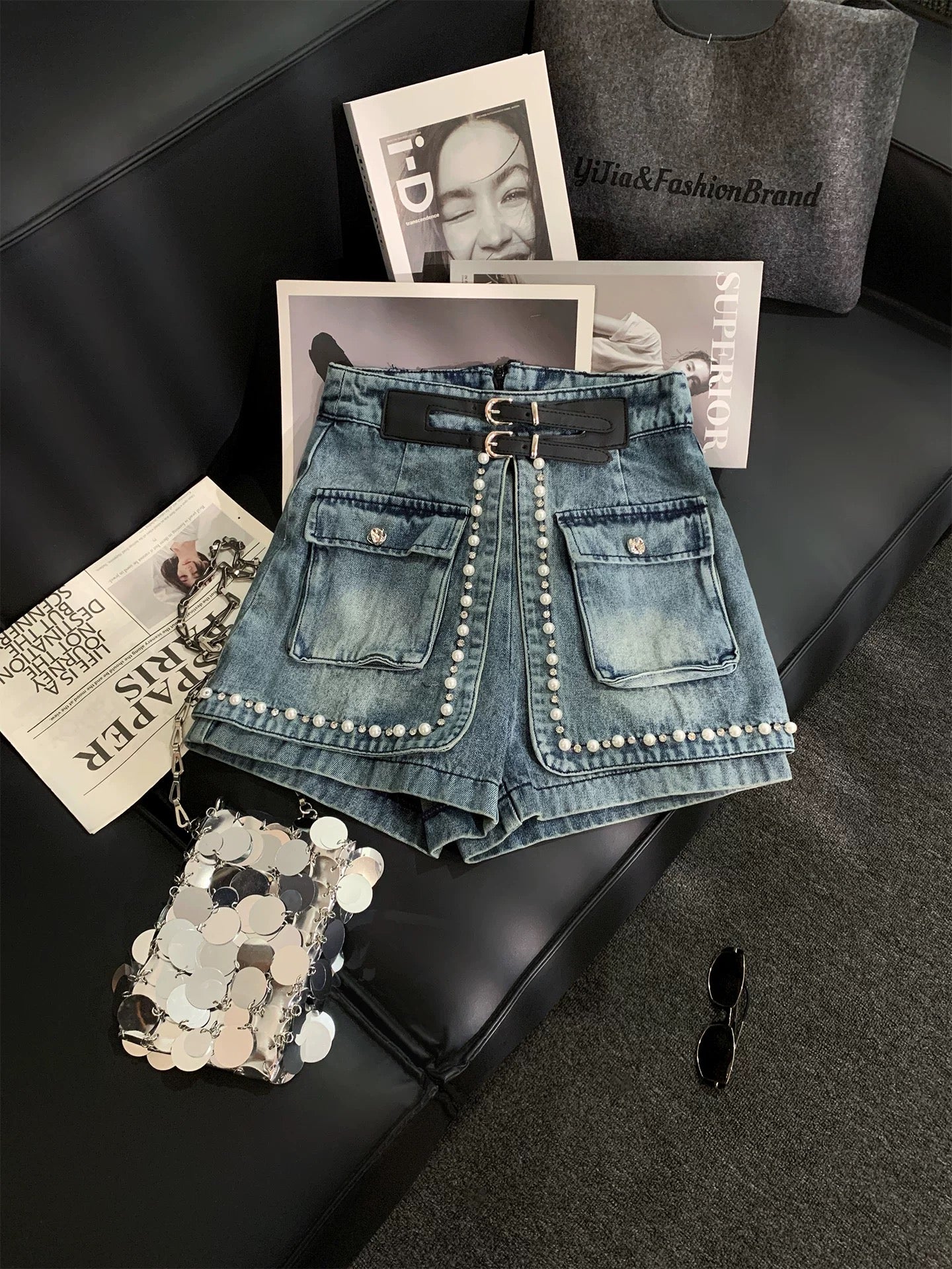 ZHOUYI/Monday: Stylish High-Waisted Slimming Denim Shorts for Women, Summer Pearl Double Buckle Fit, Cargo Pants, Hot Pants