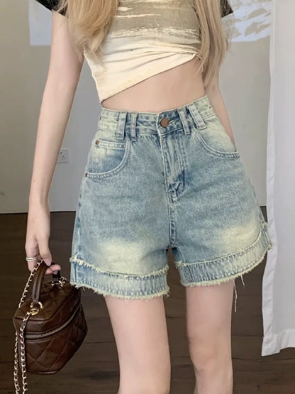 Kumikumi new high waist A-line pants shorts jeans women's summer temperament design slim fit raw edge hot pants