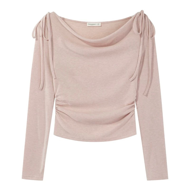 Yangcheng Story Korean style gentle style pink off-shoulder long-sleeved T-shirt for women 2024 autumn design slimming top