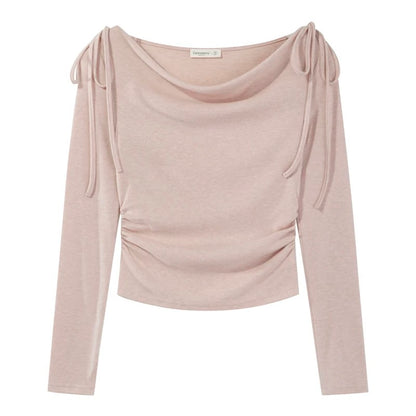 Yangcheng Story Korean style gentle style pink off-shoulder long-sleeved T-shirt for women 2024 autumn design slimming top