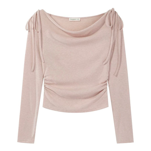 Yangcheng Story Korean style gentle style pink off-shoulder long-sleeved T-shirt for women 2024 autumn design slimming top