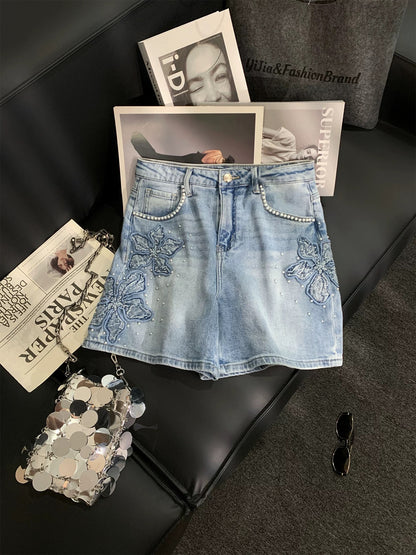 ZHOUYI/Monday Youthful Denim Embroidered Shorts Women's Summer Versatile Slimming Loose High-Waisted Hot Pants