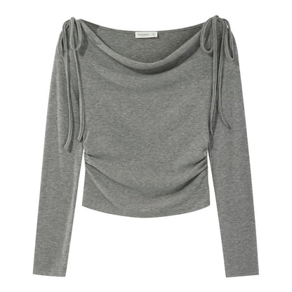 Yangcheng Story Korean style gentle style pink off-shoulder long-sleeved T-shirt for women 2024 autumn design slimming top