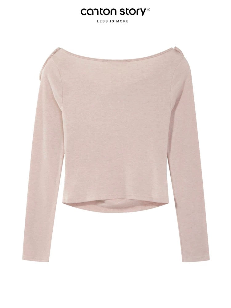 Yangcheng Story Korean style gentle style pink off-shoulder long-sleeved T-shirt for women 2024 autumn design slimming top