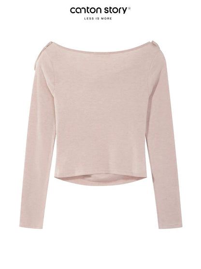 Yangcheng Story Korean style gentle style pink off-shoulder long-sleeved T-shirt for women 2024 autumn design slimming top