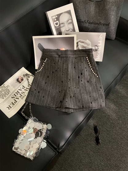 ZHOUYI/Monday miu series high-end rhinestone striped suit shorts for women, high-waisted and slimming A-line pants for commuting
