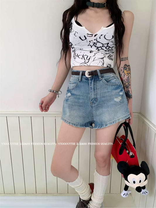 PPHOME American retro ripped denim shorts for women summer hotties high waist wide leg pants ultra shorts slim hot pants