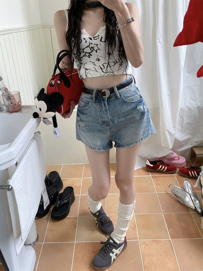 PPHOME American retro ripped denim shorts for women summer hotties high waist wide leg pants ultra shorts slim hot pants