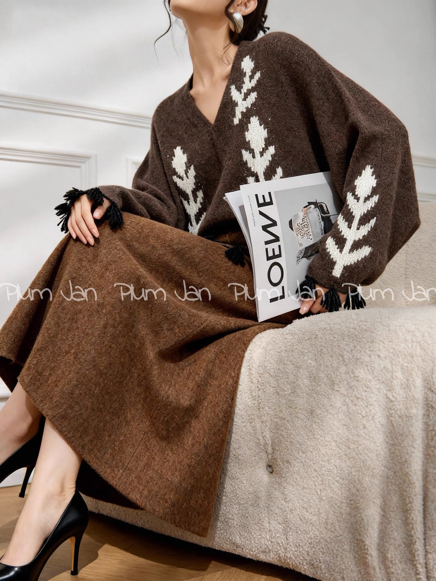 Plum Jan Maillard Brown Floral Women's High-End Knit Cardigan for Winter 2025