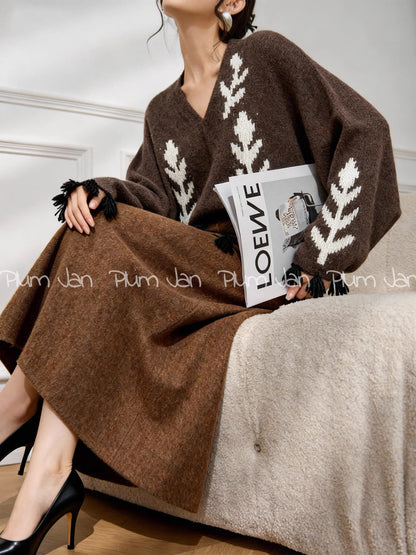 Plum Jan Maillard Brown Floral Women's High-End Knit Cardigan for Winter 2025