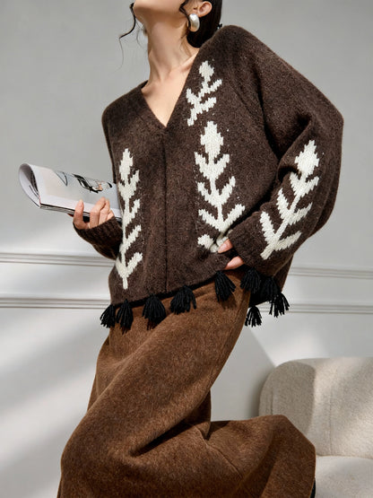 Plum Jan Maillard Brown Floral Women's High-End Knit Cardigan for Winter 2025