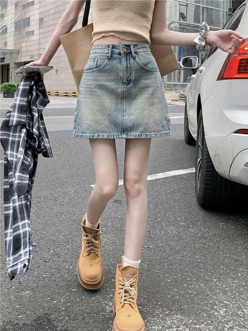 PPHOME classic all-match a-line denim skirt women's summer washed high waist skirt small hip skirt