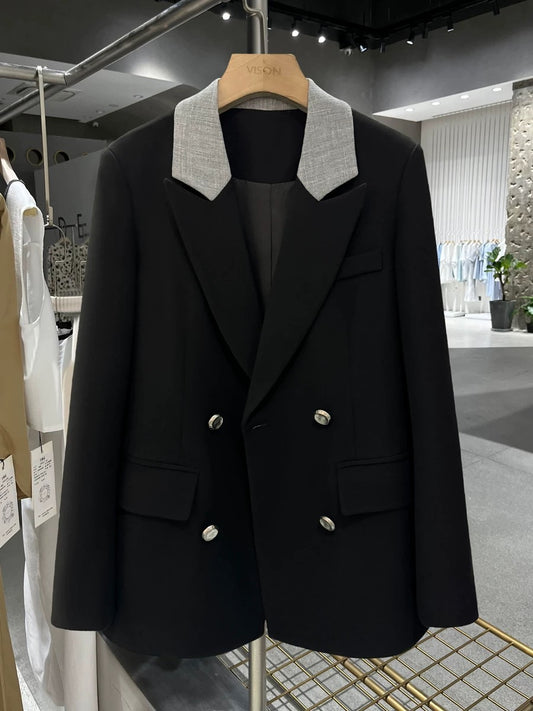 Black contrasting color stitching British style suit jacket for women 2024 new autumn professional versatile goddess style suit trend