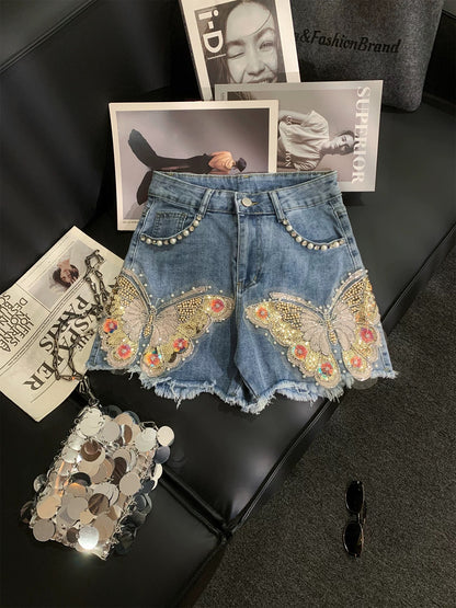 ZHOUYI/Monday: Women's High-Waisted Slimming Frayed Hem Denim Shorts with Design-Style Heavy-Duty Butterfly Beaded Embroidery.