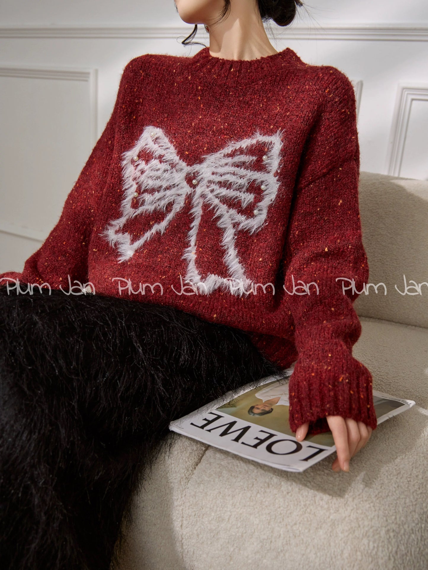 Plum Jan/Christmas-themed outfit: Red bow-tie round neck red knit sweater for winter women.