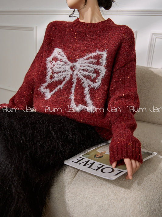Plum Jan/Christmas-themed outfit: Red bow-tie round neck red knit sweater for winter women.