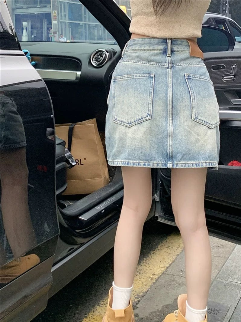 PPHOME classic all-match a-line denim skirt women's summer washed high waist skirt small hip skirt