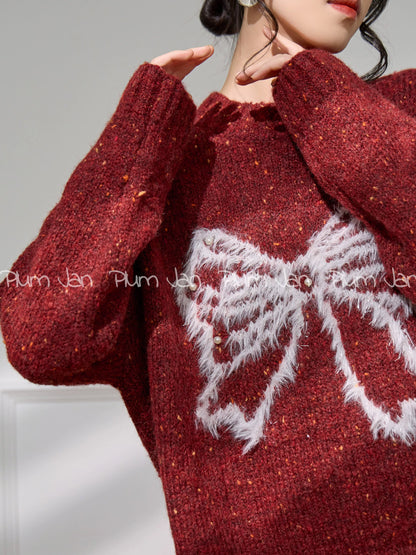 Plum Jan/Christmas-themed outfit: Red bow-tie round neck red knit sweater for winter women.